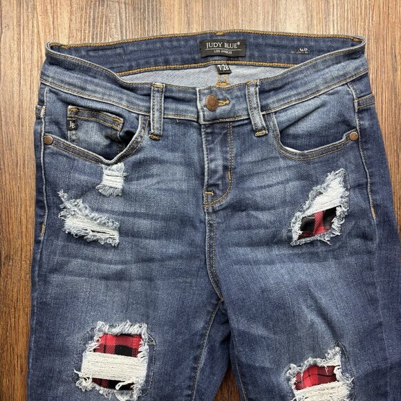 Judy Blue Skinny Jeans Buffalo Plaid Patch Distressed Medium Wash Size 7/28 - Picture 3 of 11